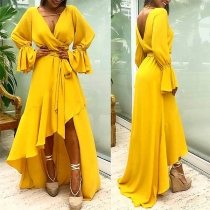 Sexy Backless V-neck Irregular Hem Trumpet Sleeve Party Dress
