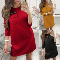 Fashion Solid Color 3/4 Sleeve Round Neck Slim Fit Dress