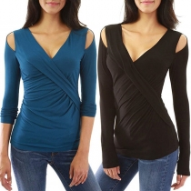 Sexy Off-shoulder Long Sleeve V-neck Solid Color Slim Fit T-shirt