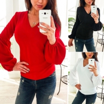 Fashion Solid Color Lantern Sleeve V-neck T-shirt