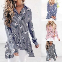 Fashion Long Sleeve POLO Collar Irregular Hem Printed Shirt