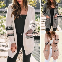 Fashion Long Sleeve Printed Spliced Knit Cardigan