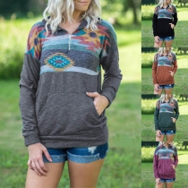 Fashion Long Sleeve Front Pocket Printed Spliced Sweatshirt