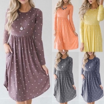 Fashion Long Sleeve Round Neck High Waist Printed Dress