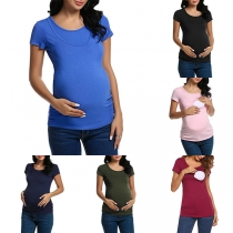 Fashion Solid Color Long Sleeve Round Neck Breastfeeding T-shirt