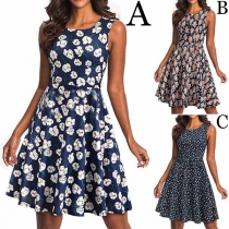 Fashion Sleeveless Round Neck High Waist Printed A-line Dress