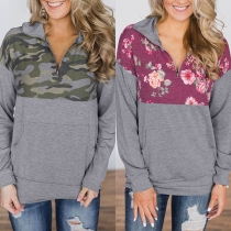 Fashion Long Sleeve Zipper High-neck Printed Spliced Sweatshirt