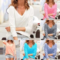 Fashion Solid Color Long Sleeve V-neck T-shirt