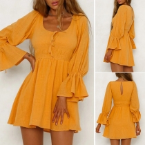 Fashion Solid Color Trumpet Sleeve Elastic Waist Dress