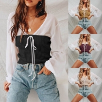 Sexy V-neck Long Sleeve Chiffon Top + Knit Bandeau Top Two-piece Set