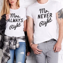 Fashion Letters Printed Short Sleeve Round Neck Couple T-shirt