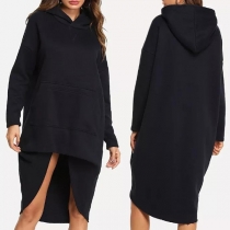 Fashion Solid Color Long Sleeve High-low Hem Sweatshirt Dress