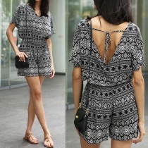 Sexy Backless Short Sleeve High Waist Printed Romper