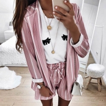 Fashion Notched Lapel Long Sleeve Stripe Coat+High Waist Self-tie Shorts Two-piece Set 