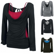 Fashion Cami Top + Long Sleeve Side Hollow Out T-shirt Two-piece Set 