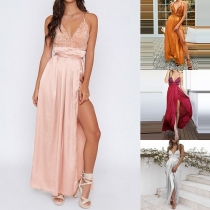 Sexy Backless V-neck Slit Hem Sequin Spliced Sling Dress