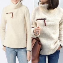 Fashion Solid Color Long Sleeve Mock Neck Plush Top