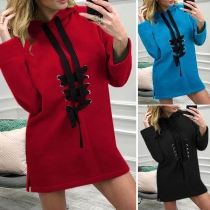 Fashion Long Sleeve Front Lace-up Hooded Sweatshirt Dress