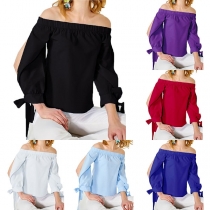 Fashion Solid Color Boat-neck Off-shoulder Self-tie Long Sleeve Shirt