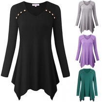 Fashion Solid Color V-neck Long Sleeve Buttons Irregular Hemline Shirt