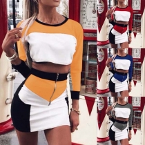 Fashion Contrast Color Round-neck Long Sleeve Chop Hemline Top + High Waist Over-hip Short Dress Two-piece Set