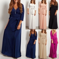 Elegant Solid Color 3/4 Sleeve V-neck High Waist Maxi Dress