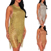 Sexy Sleeveless Round Neck Ripped Hollow Out Knit Dress
