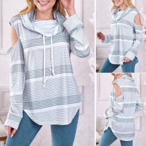 Sexy Off-shoulder Long Sleeve Cowl Neck Striped Sweatshirt 
