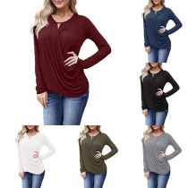 Fashion Solid Color Long Sleeve Irregular Hem Crossover T-shirt