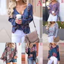Fashion Long Sleeve V-neck Printed Blouse