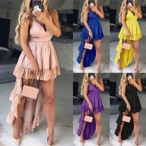 Sexy Deep V-neck High Waist Lace Trim High-Low Hem Sling Dress