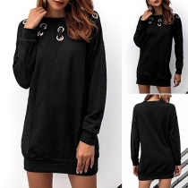 Fashion Solid Color Long Sleeve Round Neck Keyhole Sweatshirt Dress