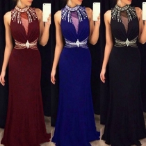 Elegant Solid Color Sleeveless High Waist Rhinestone Spliced Party Dress