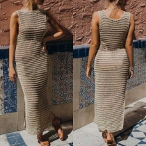 Fashion Solid Color Sleeveless Round Neck Slit Hem Sweater Dress