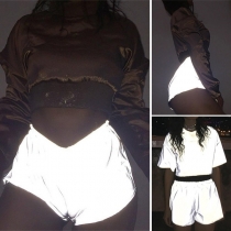 Fashion Solid Color Elastic Waist Reflective Shorts