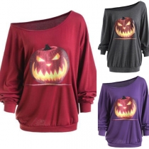 Sexy Oblique Shoulder Long Sleeve Pumpkin Printed T-shirt 
