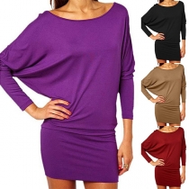 Fashion Solid Color Dolman Sleeve Slim Fit Klänning med rund hals