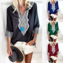 Ethnic Style 3/4 Sleeve V-neck Printed T-shirt