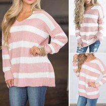 Fashion Long Sleeve V-neck Striped Sweater
