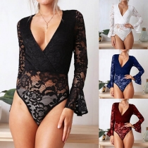 Sexy Deep V-neck Long Sleeve Slim Fit Lace Bodysuit