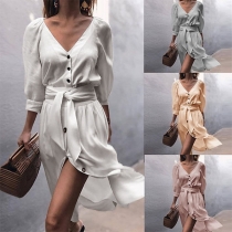 Sexy V-neck Button Front Self-tie Middle Sleeve Dress