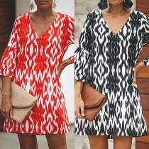 Sexy V-neck 3/4 Trumpet Sleeve Leopard Print Loose Dress