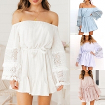 Sexy Boat Neck Lace Spliced Tassel Trumpet Sleeve Solid Color Dress