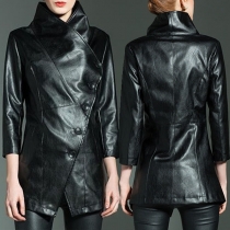 Fashion Solid Color Long Sleeve Lapel PU Leather Windbreaker Coat