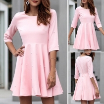 Fashion Solid Color Half Sleeve Round Neck Beaded A-line Dress