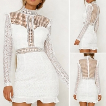 Sexy Hollow Out Lace Spliced Long Sleeve Mock Neck Slim Fit Dress