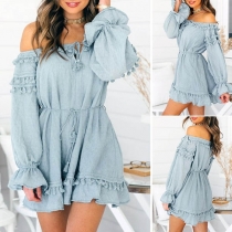 Sexy Off-shoulder Boat Neck Trumpet Sleeve Tassel Dress