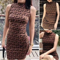 Fashion Sleeveless Mock Neck Slim Fit Printed Dress