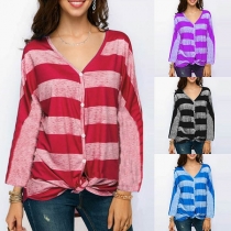 Fashion Long Sleeve V-neck Single-breasted Striped Cardigan
