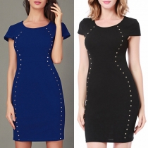 Elegant Solid Color Short Sleeve Round Neck Slim Fit Rivets Dress